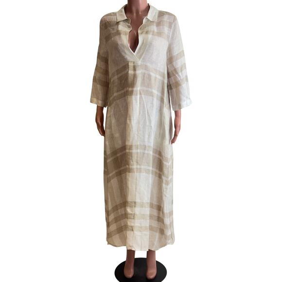 Alembika Linen Tunic Maxi Dress Womens 2 /M Beige Plaid Relaxed Fit Lagenlook - Picture 1 of 16